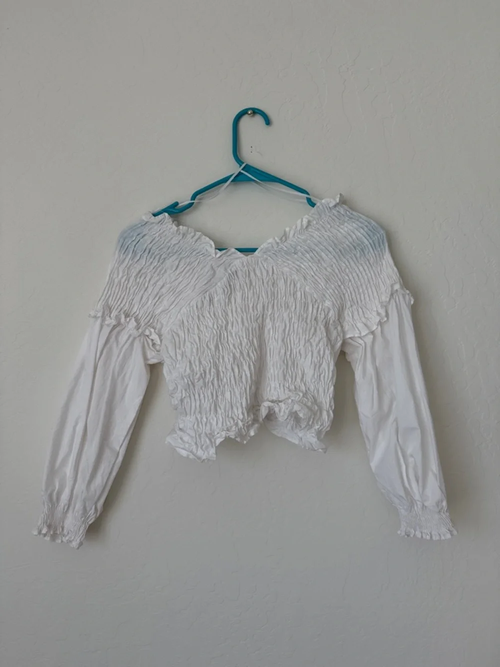 Zara White Smocked Wrap Blouse with Ruffle Trim